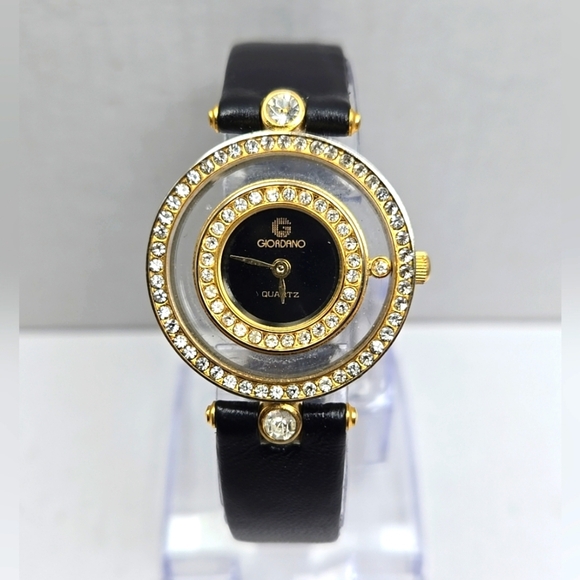 Womens Vintage Giordano Gold Tone Black Dial Crystal Watch Leather New Battery - Picture 1 of 11